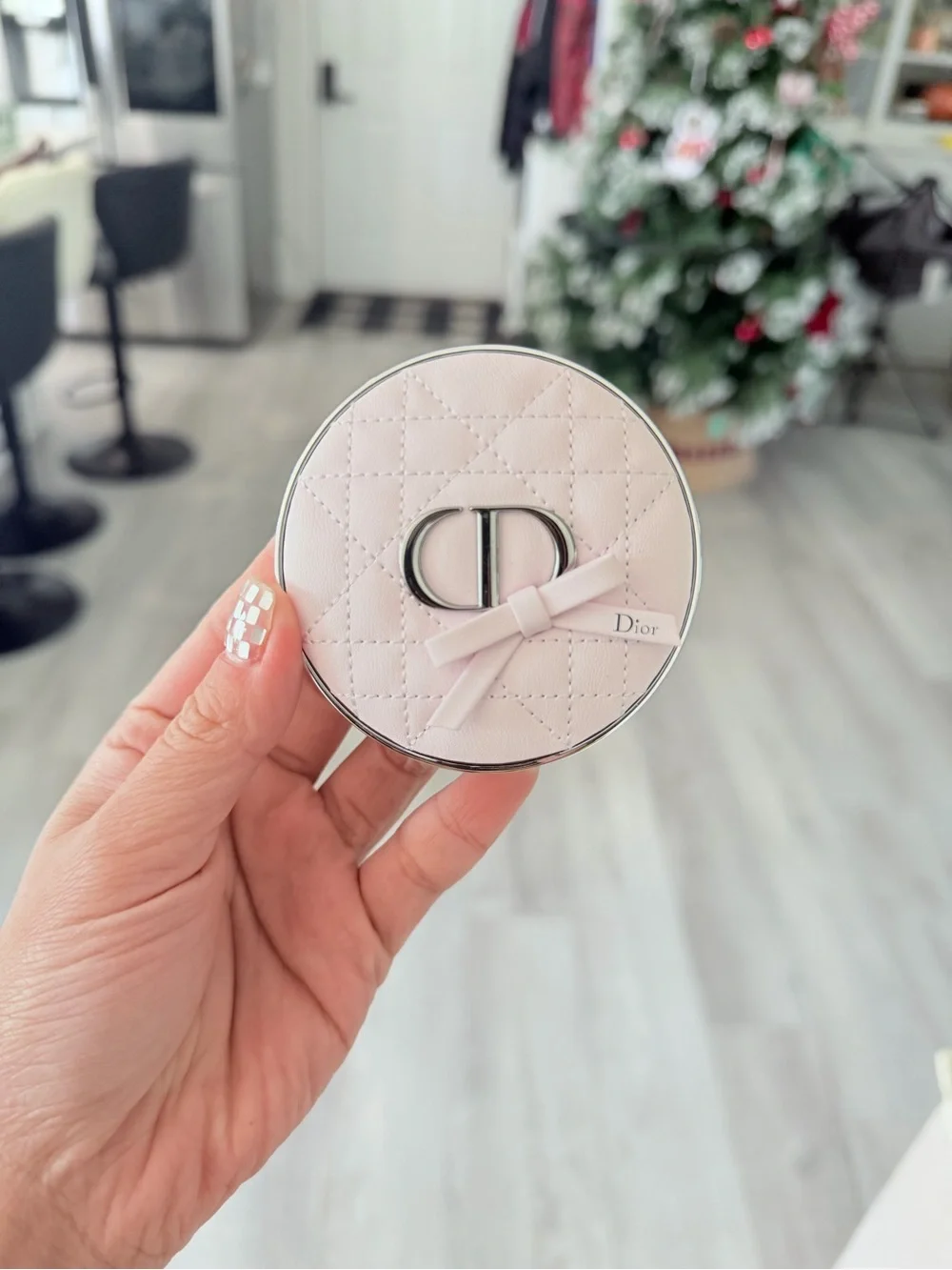 Dior Pale Pink Quilted Round Cosmetic Case with Bow and CD Logo
